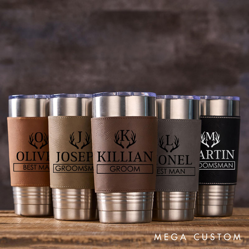 Personalized 20oz Tumbler Groomsmen Gift Tumbler for Bachelor Party Antler Design Tumbler with Leather Sleeve Best Man Gift Groom Gift Wedding Favors Tumbler 