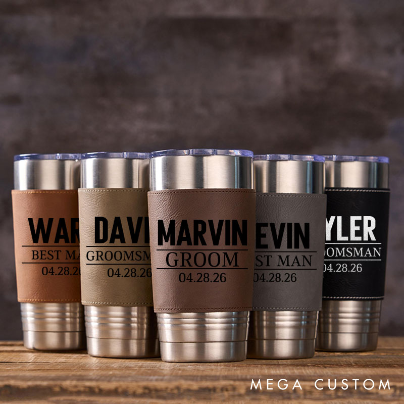 Personalized Groomsmen Gifts 20oz Leather Tumbler Engraved Leather Sleeve Coffee Mug for Groom Best Man Gift Bachelor Party Gift Tumbler