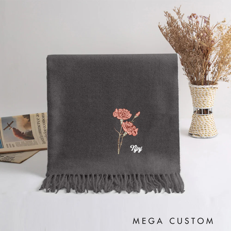 Personalized Birth Flower Soft Warm Tassel Scarf with Name Winter Accessory Anniversary Birthday Gifts