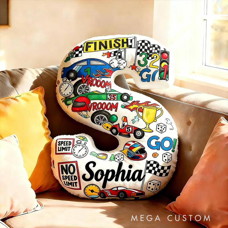 Personalized Racing Letter Pillow with Custom Name Stacked Car Elements Initial Cushion for Car Lovers