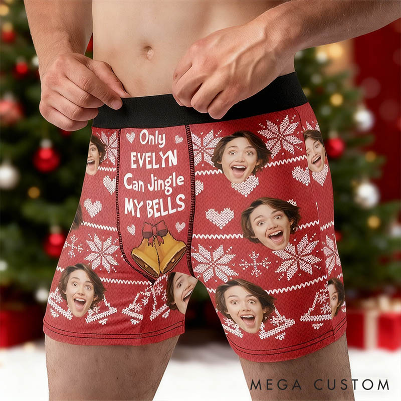 Personalized Girlfriend Wife Face Photo Boxer Briefs Men Ugly Sweater Design Christmas Underwear Only Her Can Jingle My Bells Boyfriend Husband Gift