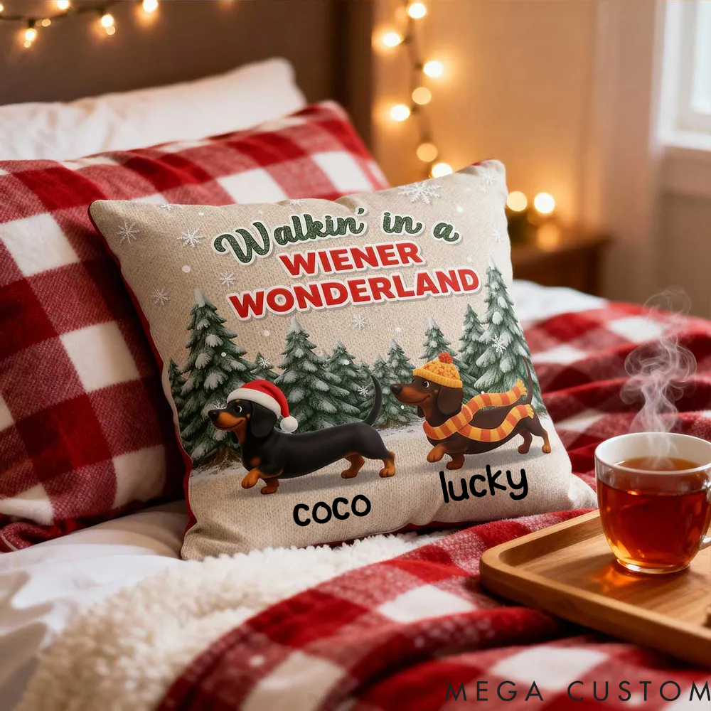 Personalized Dog Lover Christmas Dachshunds Walking in a Wiener Wonderland Throw Pillows