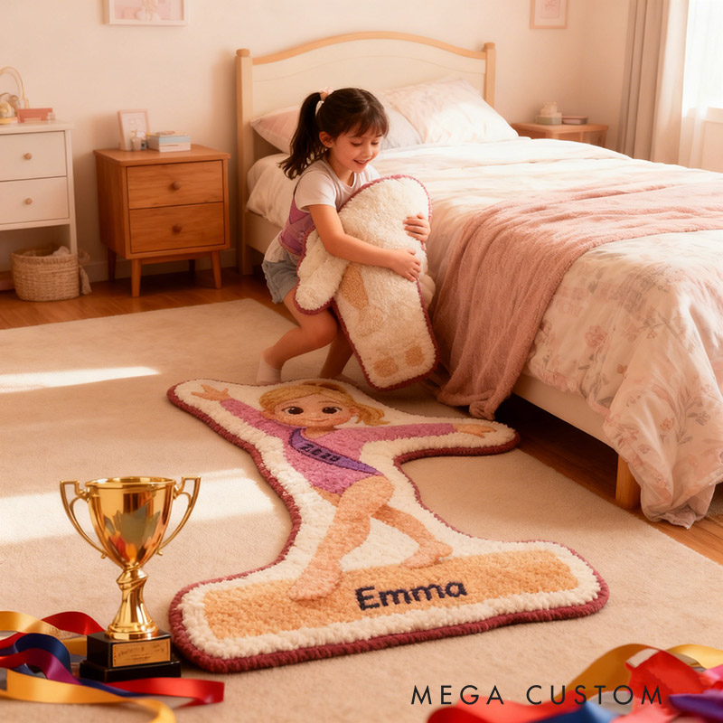 Personalized Gymnastic Girl Shaped Carpet Custom Name Carpet for Gynamstic Lovers Christmas Birthday Party Gift for Kids