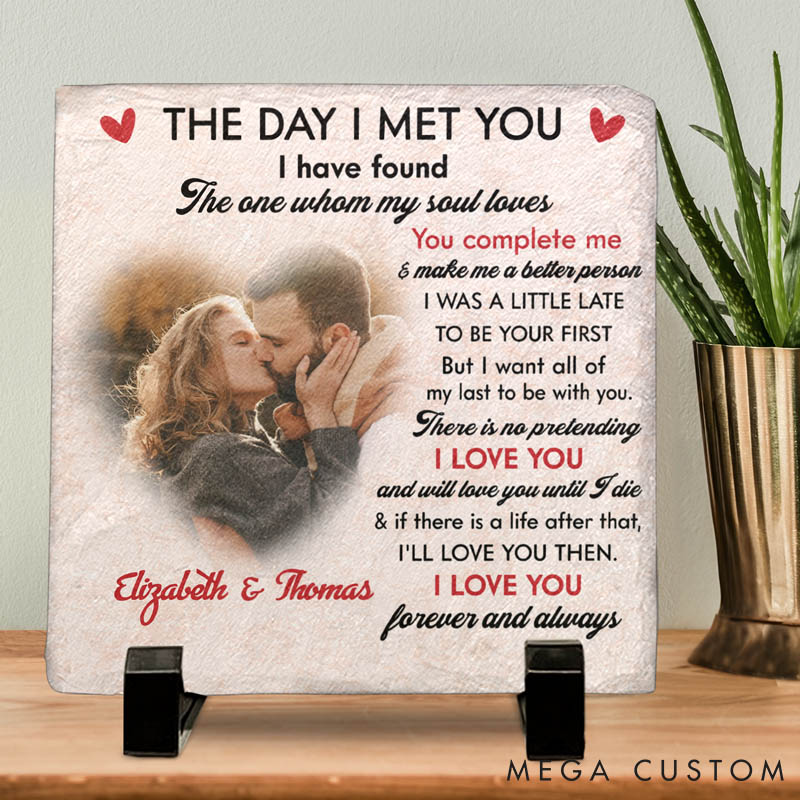 Personalized Couple Photo The Day I Met You Heart and Square Shaped Stone with Stand First Christmas Gift for Boyfriend Girlfriend Valentines Day Gift