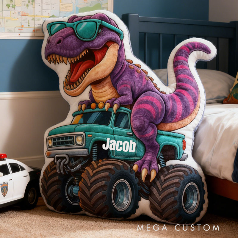 Personalized Dinosaur Monster Truck Name Custom Soft Decorative Gift Cool Adventure Style Fun Playful Cozy Boy Room Exciting Power Wheels Jurassic Fun Graphic 3D Print Pillow