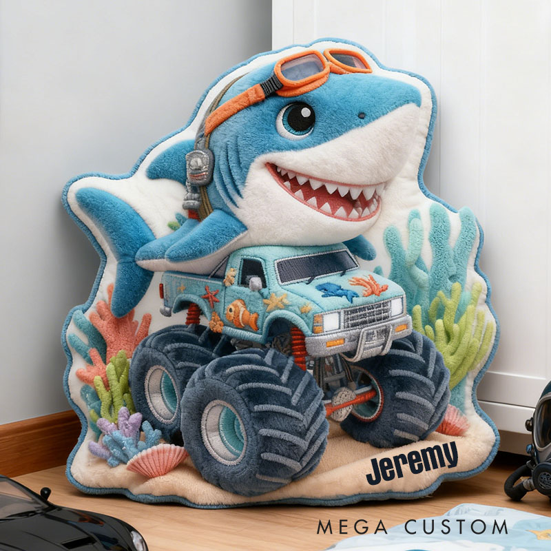 Personalized Shark Monster Truck Name Custom Soft Decorative Gift Ocean Adventure Style Fun Playful Cozy Boy Room Exciting Power Wheels Deep Sea Graphic 3D Print Pillow