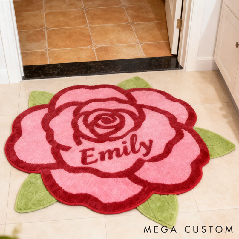 Personalized Rose Flower Shaped Door Mat with Name Anniversary Gift For Her Home Decor Birthday Gift For Girlfriend Holiday Decoration