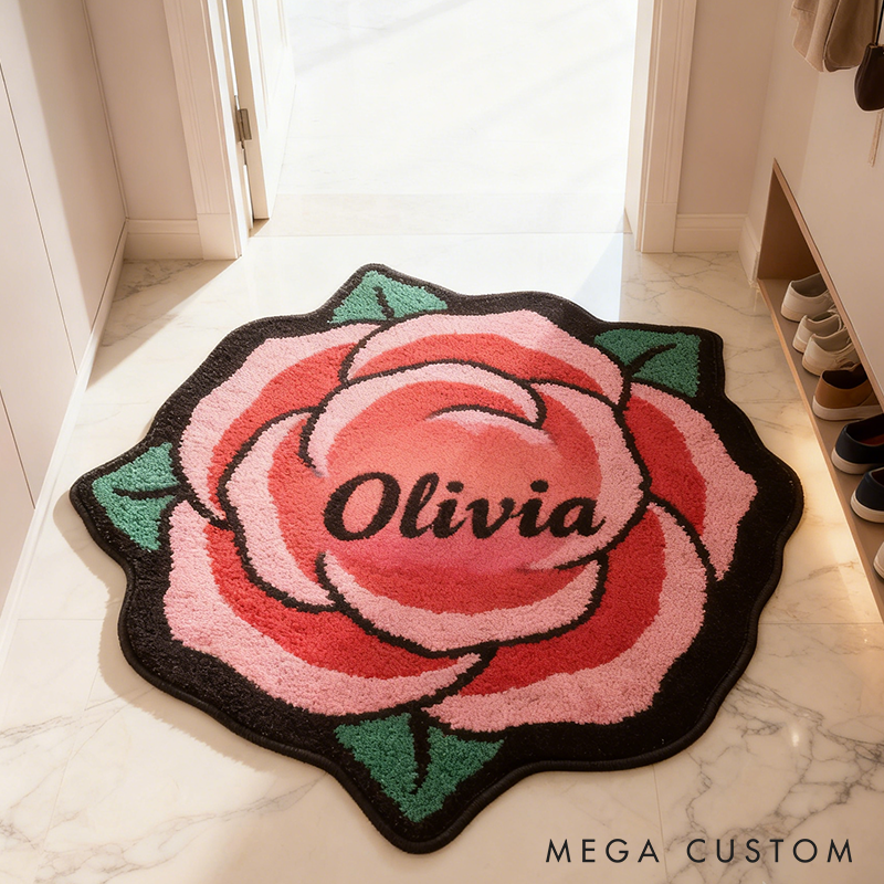 Personalized Rose Flower Shaped Door Mat with Name Anniversary Gift For Her Home Decor Birthday Gift For Girlfriend Holiday Decoration