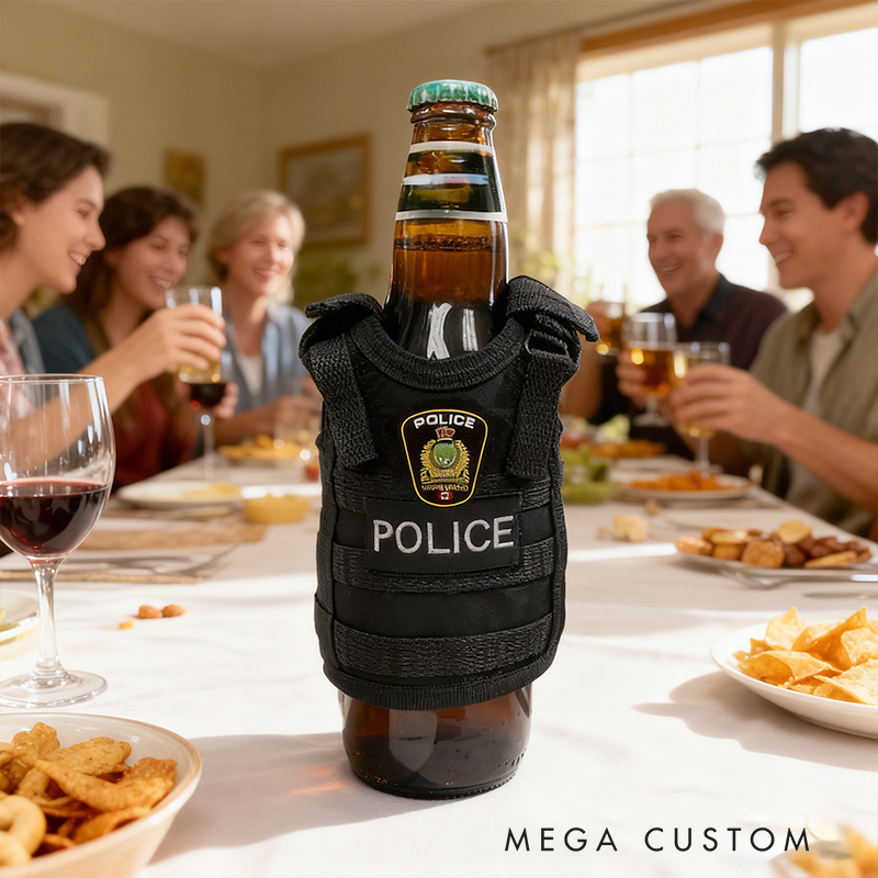 Personalized Police Vest Beer Bottle Cooler - Novelty Tactical Beverage Insulator, Funny Gift for Cops & Beer Lovers