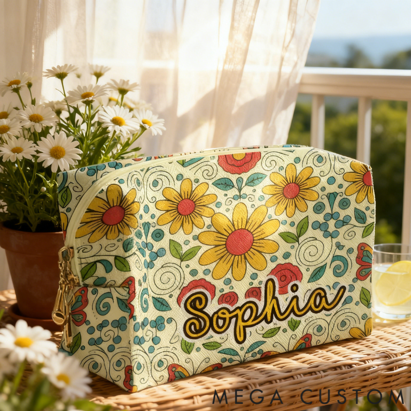 Personalized Multicolored Bright Sunflower Toiletry Bag Custom Name for Kids Travel Gifts and Daily Use