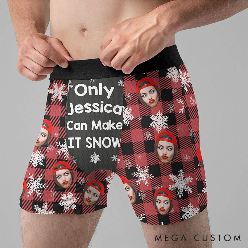 Personalized Girlfriend Wife Face Only Her Can Make It Snow Christmas Boxer Briefs Men Underwear with Face Photo Xmas Gift for Him Boyfriend Husband