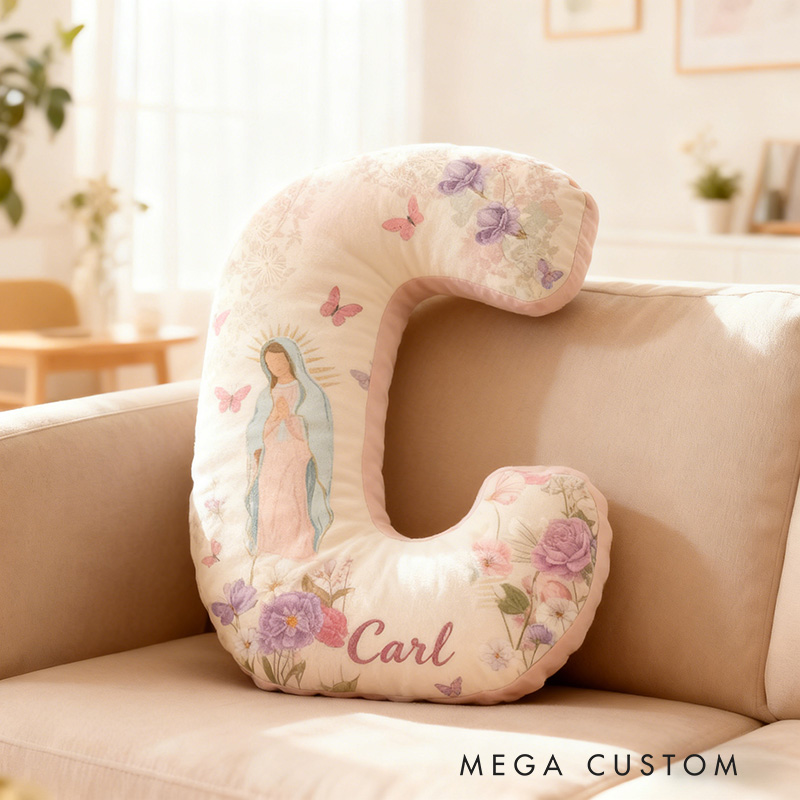Personalized Virgin Mary Letter Pillow with Custom Name Catholic Home Decor Religious Gift for Her Floral Butterfly Graphic 3D Print Pillow
