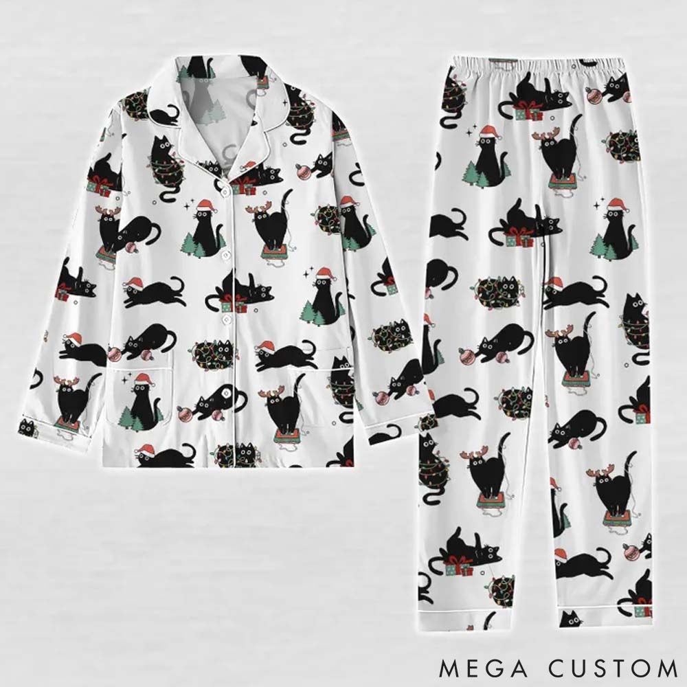 Personalized Cat Lover Black Cat Christmas Pajamas Set