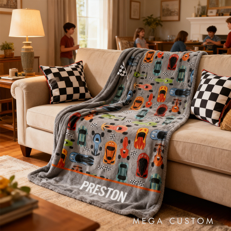 Personalized Sporty Colorful Racing Cars Personalized Blanket Custom Name Soft Fleece Throw Gift for Racing and Car Lovers