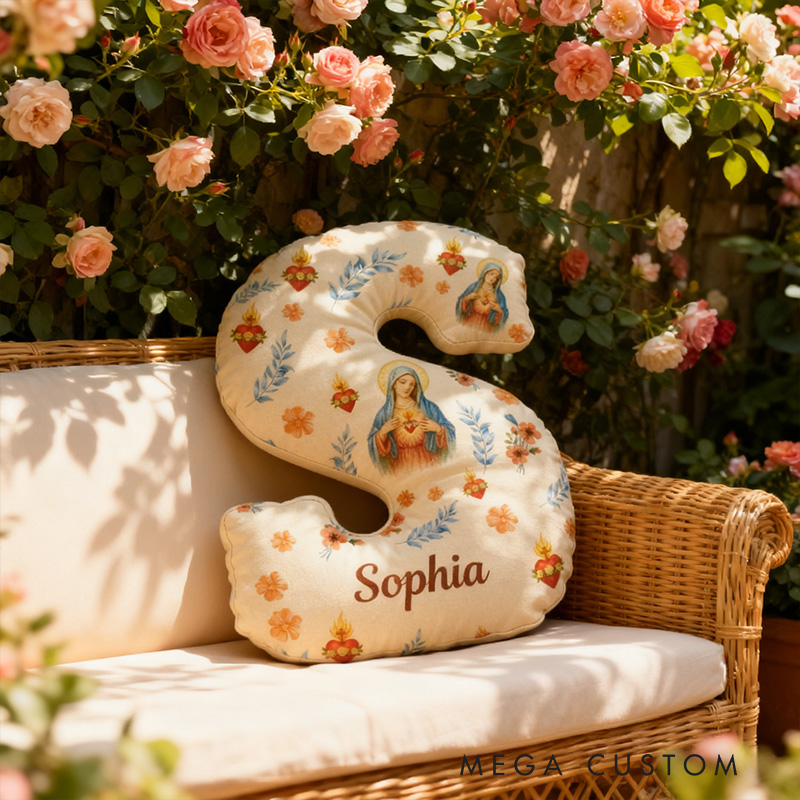 Personalized Immaculate Heart of Virgin Mary Letter Pillow with Custom Name Catholic Home Decor Religious Gift for Her Graphic 3D Print Pillow