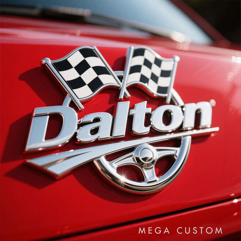 Personalized Racing Steering Wheel & Checkered Flag Metal Emblem - Custom Name Car Badge for Motorsport Enthusiasts