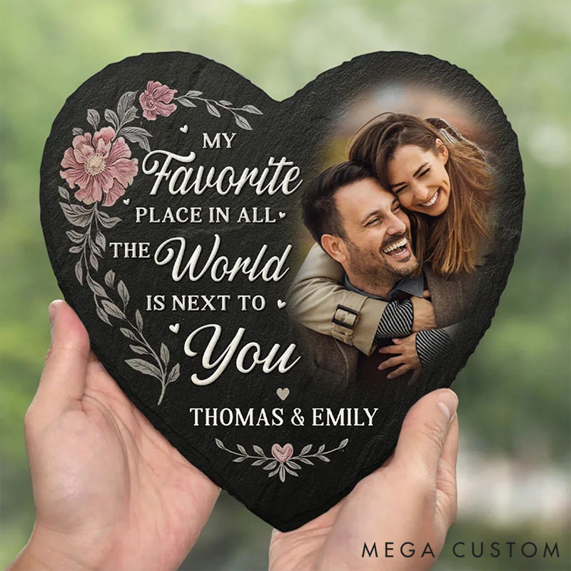 Personalized Couple Photo Floral My Favorite Place in All the World is Next to You Heart Shaped Stone with Stand Christmas Valentines Day Gift