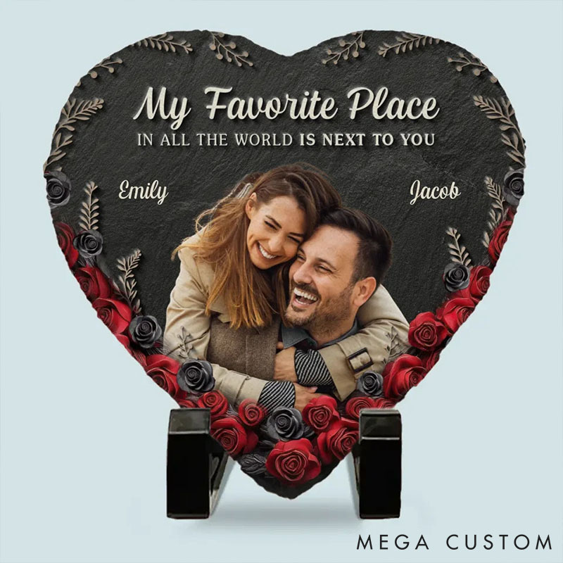 Personalized Couple Photo Rose My Favorite Place in All the World is Next to You Heart Shaped Stone with Stand Newlyweds Christmas Valentines Day Gift