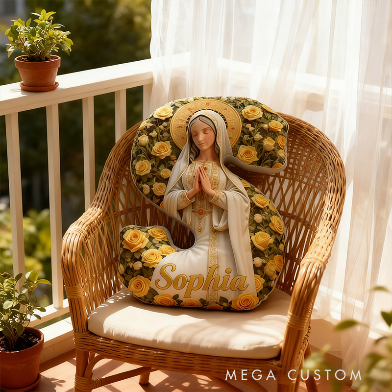 Personalized Virgin Mary Letter Pillow Graphic 3D Print Pillow with Custom Name Religious Home Decor Catholic Prayer Gift for Her Yellow Rose 