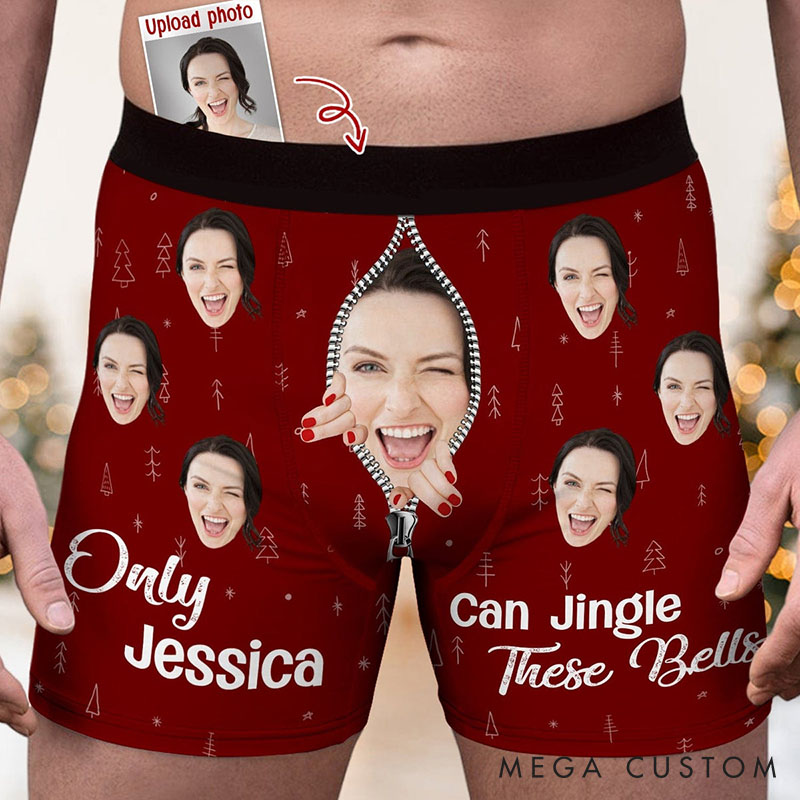 Personalized Girlfriend Wife Face Only Her Can Jingle These Bells Christmas Boxer Briefs Men Underwear with Face Photo Xmas Gift for Boyfriend Husband