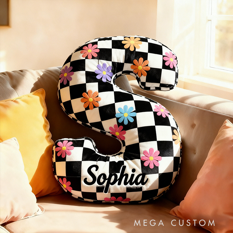Personalized Black and White Checkered Flower Letter Pillow Custom Name Initial Decorative Appreciation Gifts