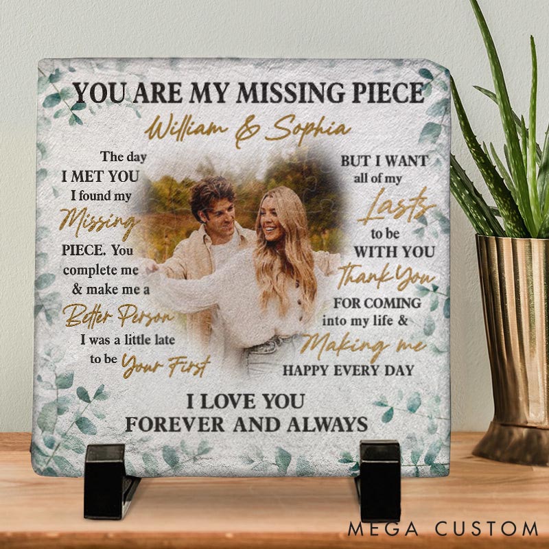 Personalized Couple Photo You Are My Missing Piece Square Shaped Stone with Stand Custom Newlyweds Name Photo Stone Christmas Valentines Day Gift