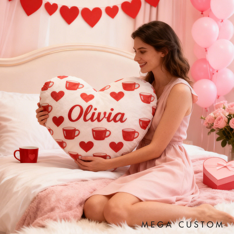 Personalized Girl friend Heart Shaped Coffee Mug Pillow Custom Couple Name Valentines Day Cushion Anniversary Date Night Gift for Her