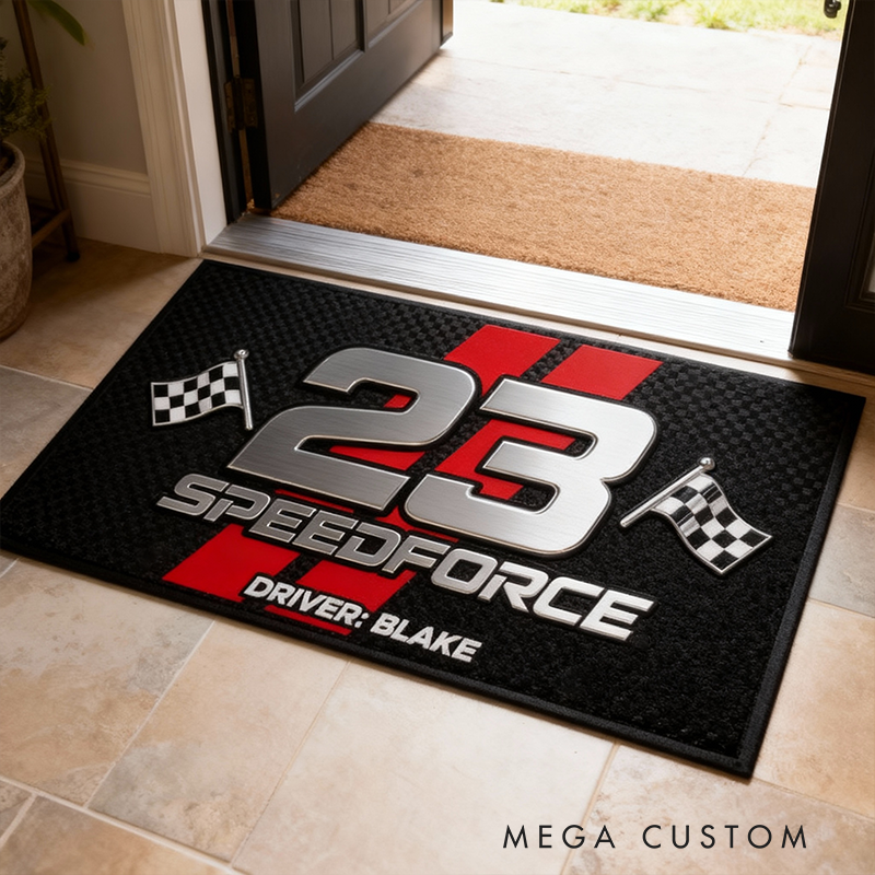 Personalized Racing Door Mat Custom Name and Number Checkered Flag Design Gift for Car and Motorsport Lovers