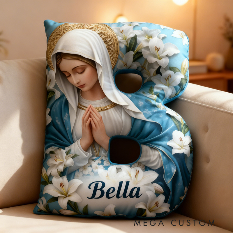 Personalized Vergin Mary with White Lilies Letter Pillow Graphic 3D Print Pillow with Custom Name Home Decor Religious Gift Catholic Gift for Her