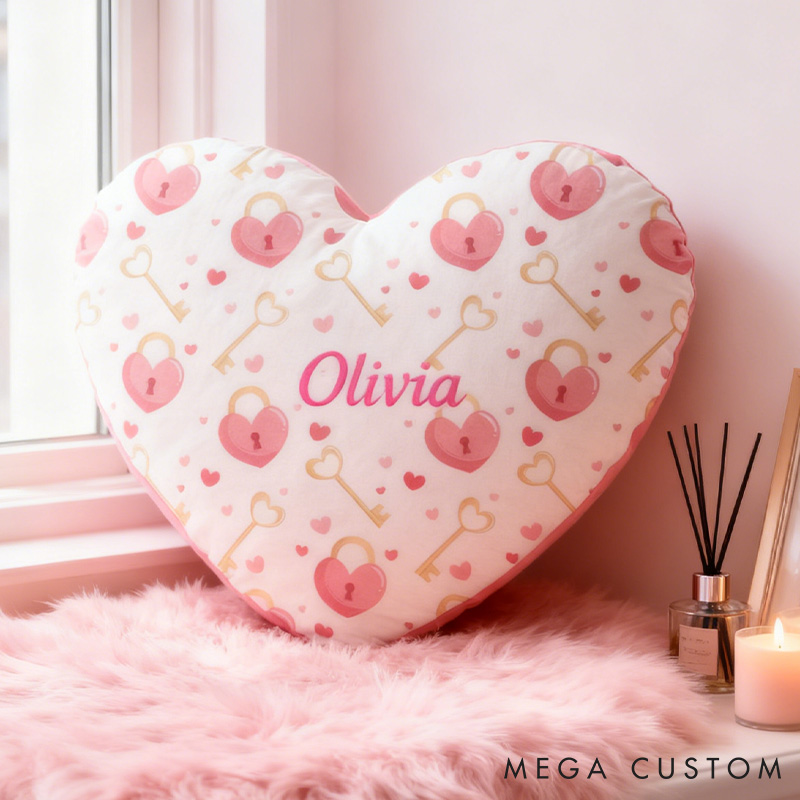Personalized Heart Key Lock Pillow Custom Couple Valentine's Throw Pillow for Girlfriend Heart Pillow for Her