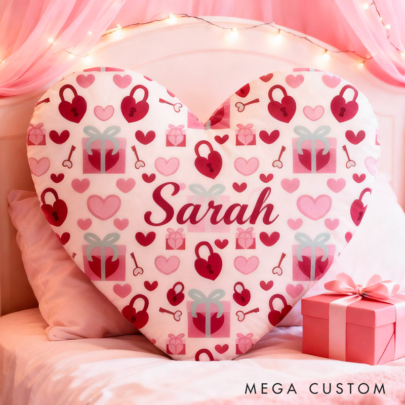 Personalized Girl friend Heart Shaped Love Lock Pillow Custom Couple Name Valentines Day Cushion Anniversary Date Night Gift for Her Wife Girlfriend