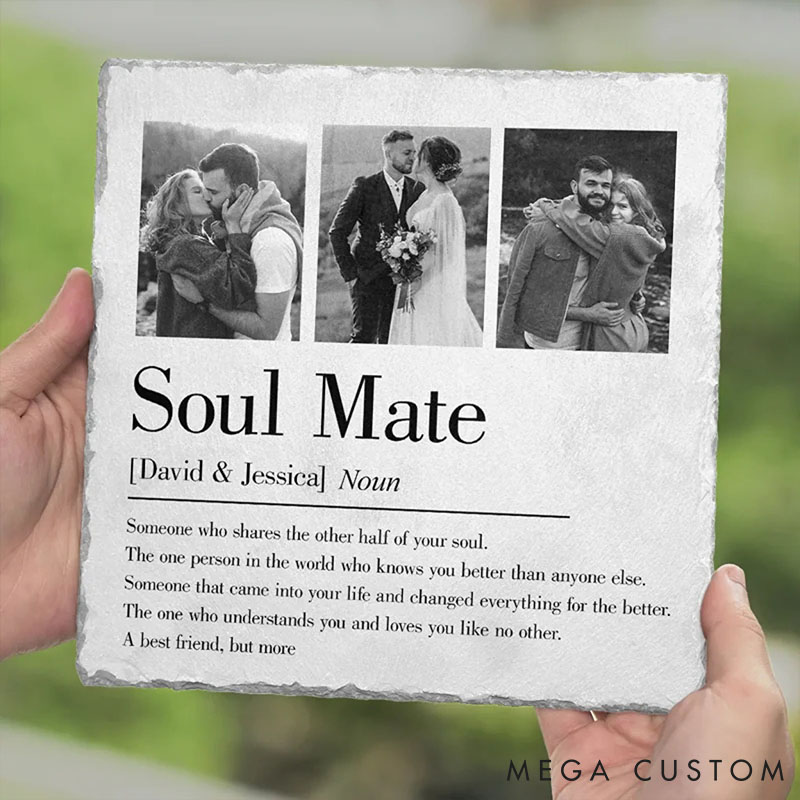 Personalized Couple Photo Soulmate Square Shaped Stone with Stand Custom Newlyweds Photo Stone Wedding Gift Christmas Valentines Day Gift for Him Her