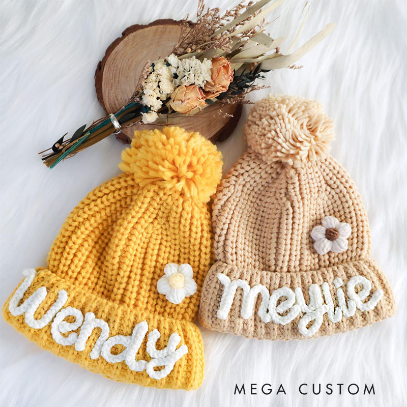 Personalized Knit Kids Beanie with PomPom Handmade Winter Hat Gift for Kids