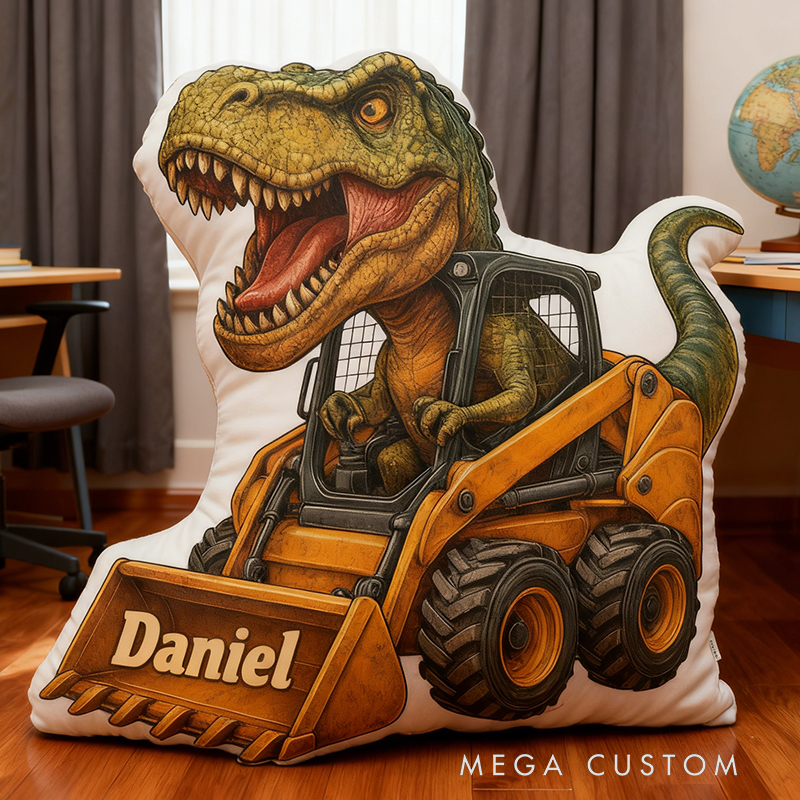 Personalized Dinosaur Excavator Name Custom Soft Decorative Gift Construction Adventure Style Fun Playful Cozy Boy Room Power Machine Truck Graphic 3D Print Pillow