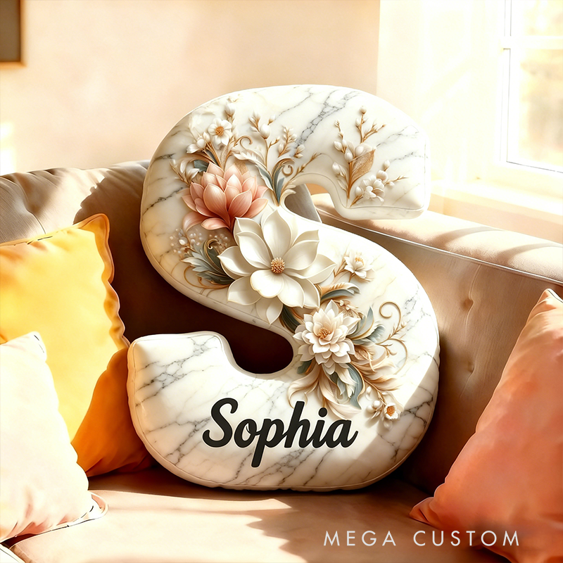 Personalized Marble Floral Letter Pillow 3D Graphic Print Custom Name and Initial Appreciation Gift