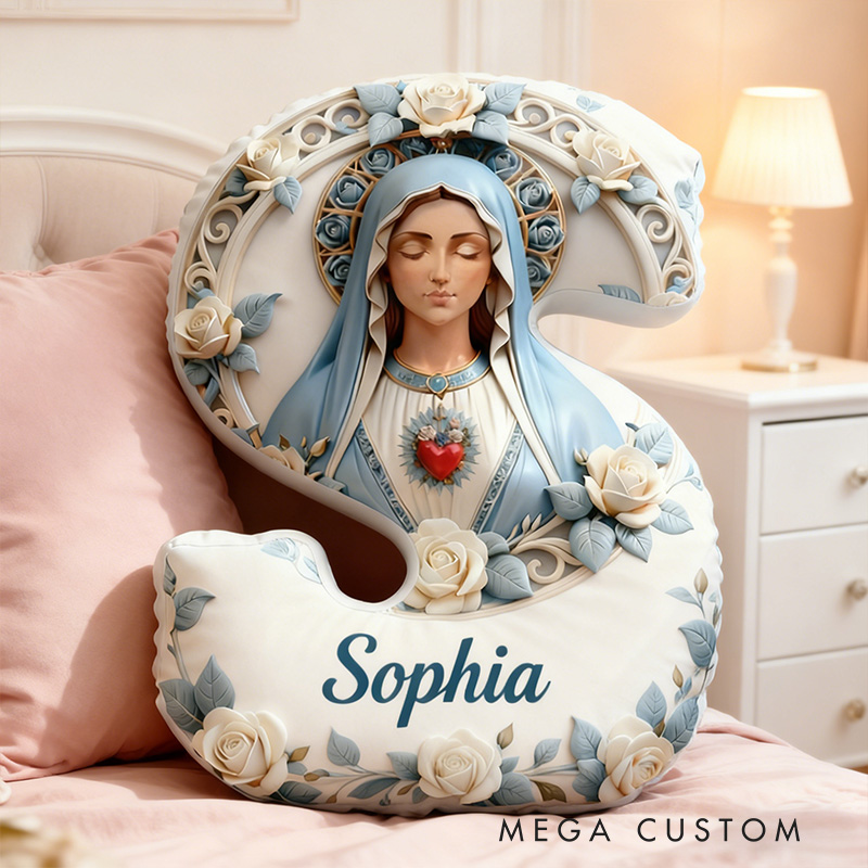 Personalized Sacred Heart of Mary Letter Pillow Graphic 3D Print Pillow with Custom Name Home Decor Religious Gift Catholic Gift for Her