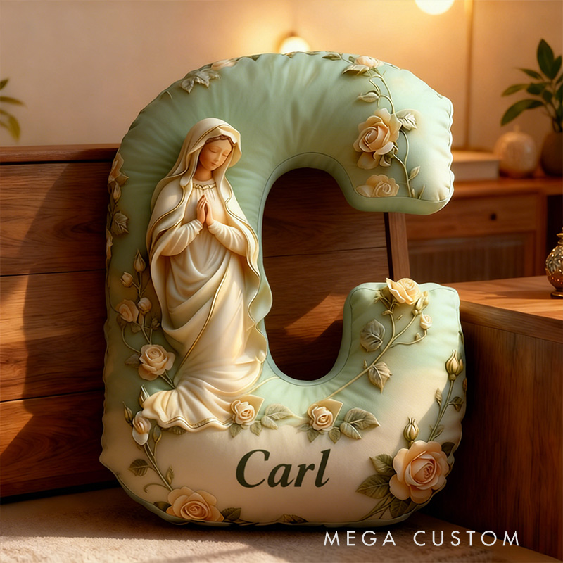 Personalized Virgin Mary Floral Letter Pillow Graphic 3D Print Pillow with Name Home Decor Religious Gift Catholic Gift for Women