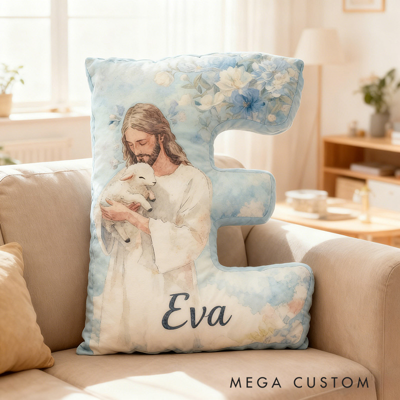 Personalized Jesus Lamb Letter Pillow with Custom Name Religious Home Decor Graphic 3D Print Pillow Christian Gift Faith Gift for Jesus Lover