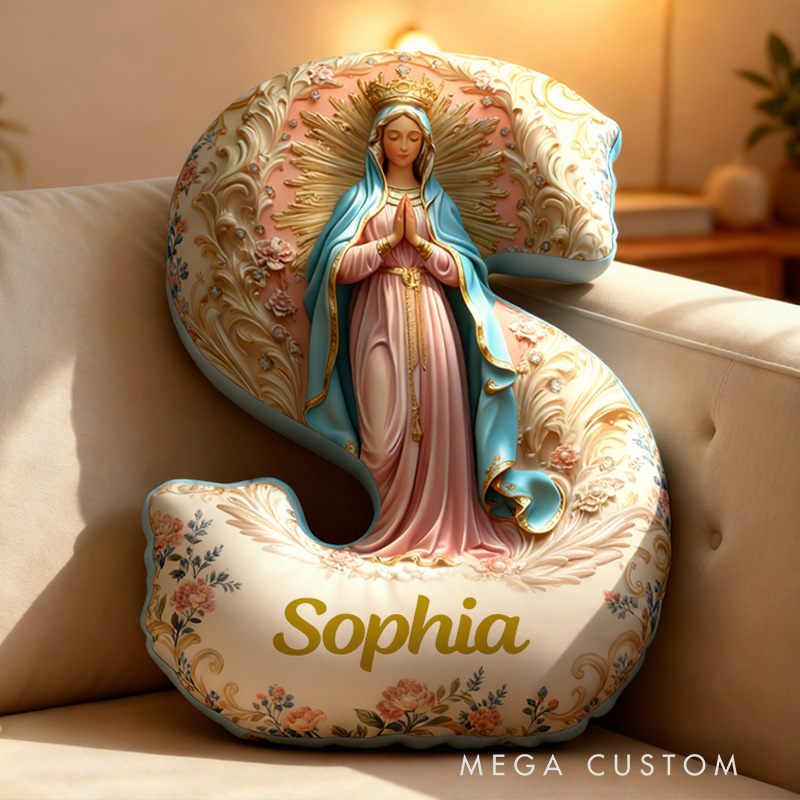 Personalized Golden Grace Virgin Mary Letter Pillow Graphic 3D Print Pillow with Name Home Decor Religious Gift Catholic Gift for Women