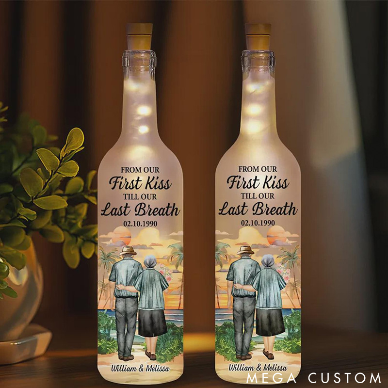 Personalized Couple Bottle Lamp Custom Couple Elderly Anniversary LED Light Bottle Gift From Our First Kiss to Our Last Breath