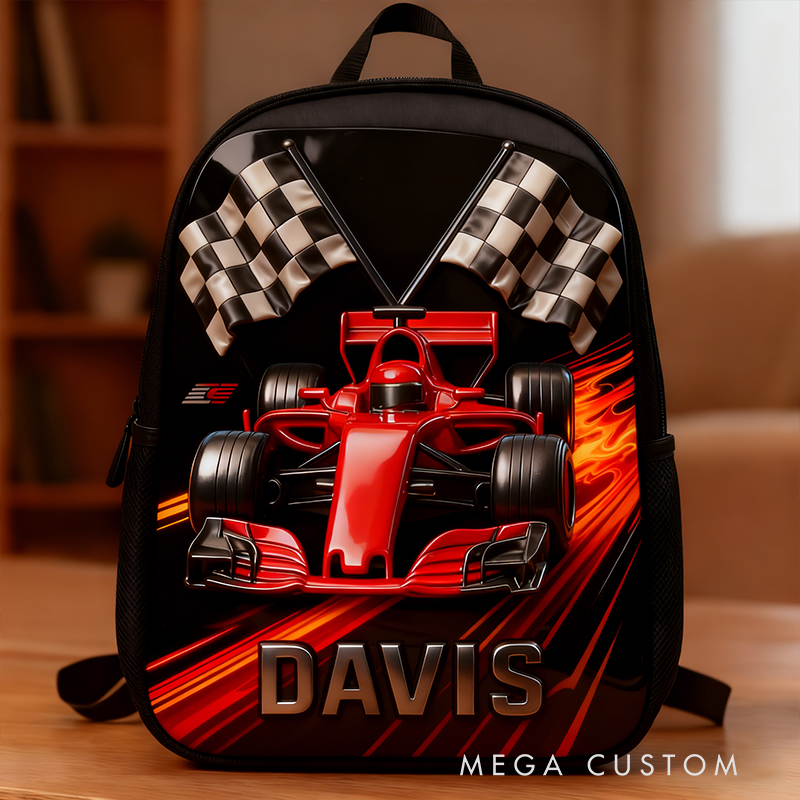 Personalized Racing Backpack Custom Name and Design with Race Car and Checkered Flag Theme Bag Perfect for Racing Fans