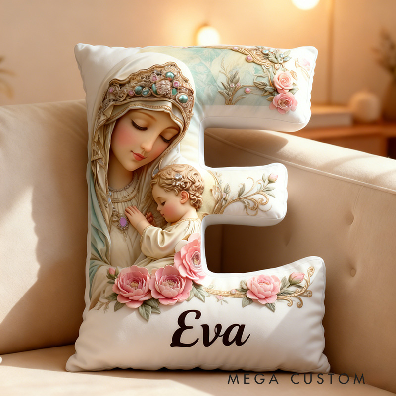 Personalized Virgin Mary Baby Jesus Letter Pillow Graphic 3D Print Pillow with Name Home Decor Religious Gift Catholic Faith Gift for Her