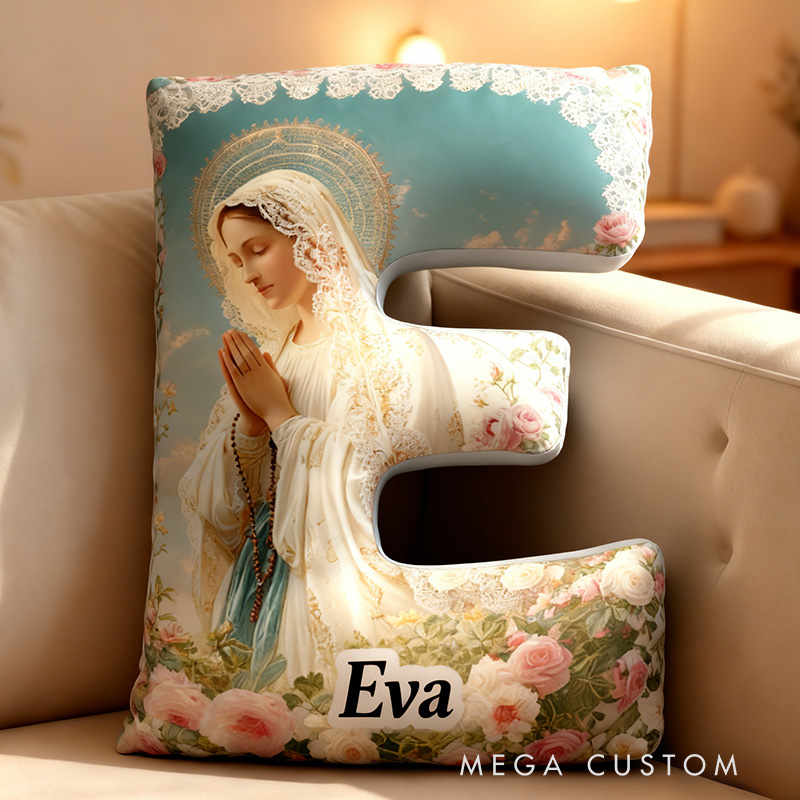 Personalized Our Lady of Grace Graphic 3D Print Letter Pillow with Custom Name Home Decor Religious Gift Catholic Faith Gift for Her