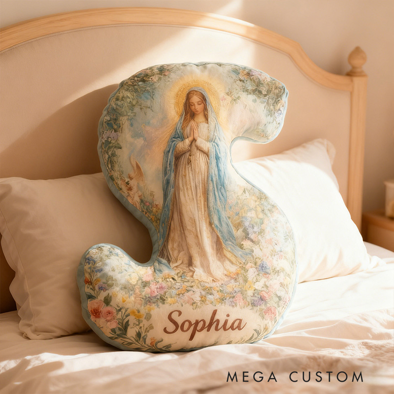Personalized Floral Virgin Mary Graphic 3D Print Letter Pillow with Custom Name Home Decor Religious Gift Catholic Faith Gift for Her