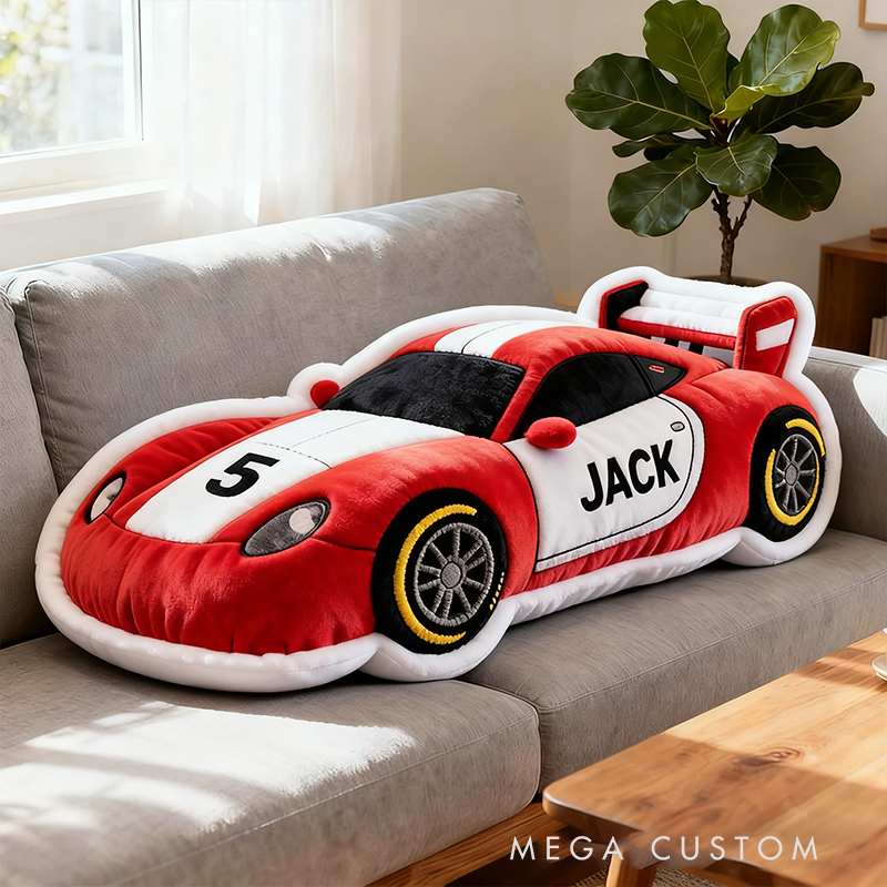 Personalized Race Car Shaped Pillow Custom Name and Number Cushion Choose Color Gift for Racing Fans 3D Graphic Print