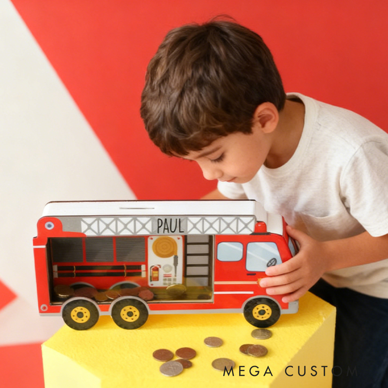 Personalized Fire Truck Piggy Bank, Custom Name Money Box, Fire Truck Piggy Banks for Boys Personalized, Construction Vehicle, Fire Truck