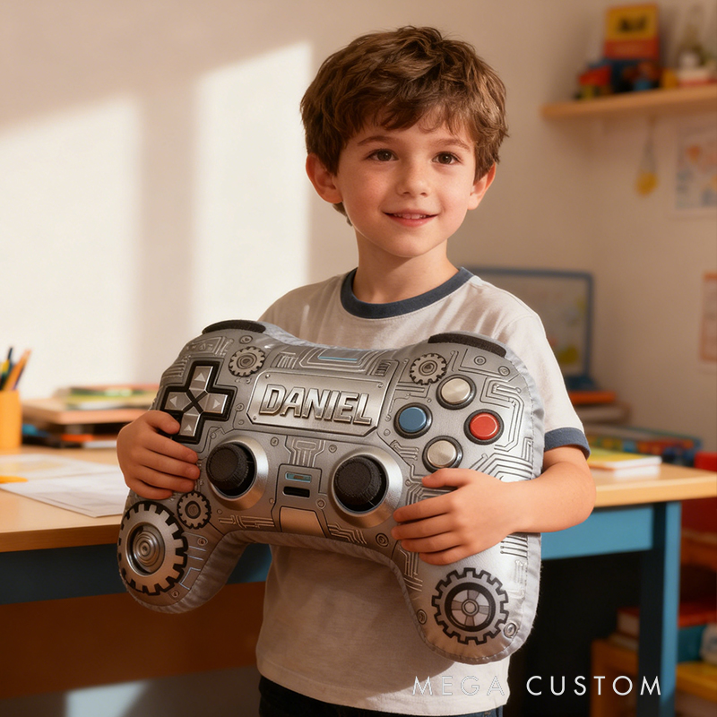 Personalized Graphic 3D Print Retro Metallic Silver Game Controller Shaped Pillow for Game Lovers Plush Pillow Christmas Birthday Party Gift for Kids