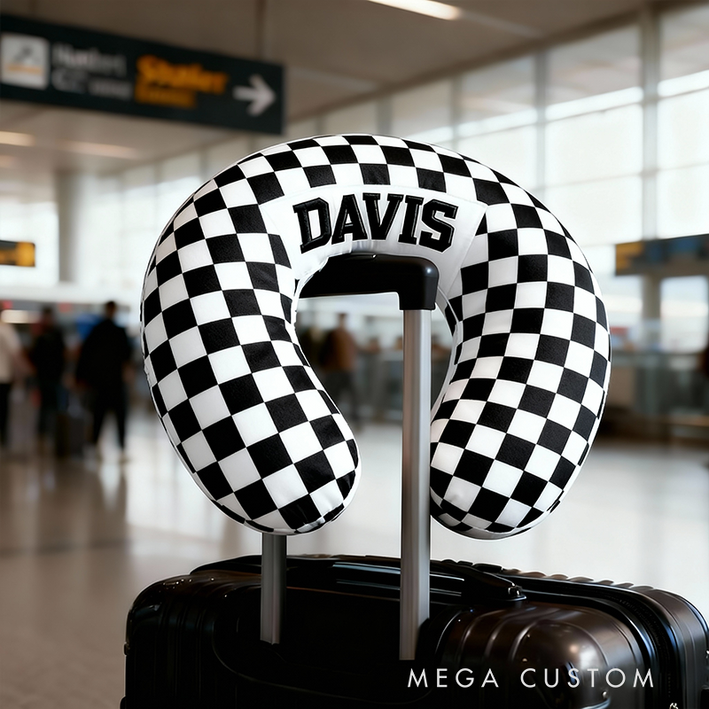 Personalized Racing Checkered Flag Travel Neck Pillow Custom Name U‑Shape Cushion for Racers and Racing Enthusiasts
