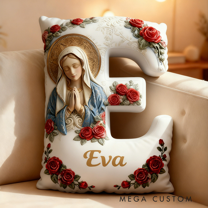 Personalized Our Lady Virgin Mary Letter Pillow with Custom Name Religious Home Decor Catholic Prayer Gift for Her Rose Graphic 3D Print Pillow