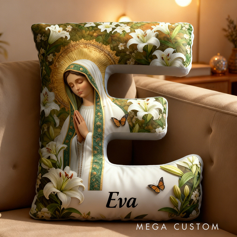 Personalized Virgin Mary White Lilies Letter Pillow with Custom Name Religious Home Decor Catholic Gift for Her Graphic 3D Print Pillow